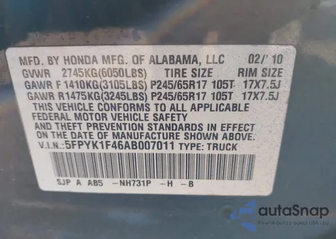 2010 Honda Ridgeline Rts z USA, uszkodzony, nr VIN 5FPYK1F46AB007011